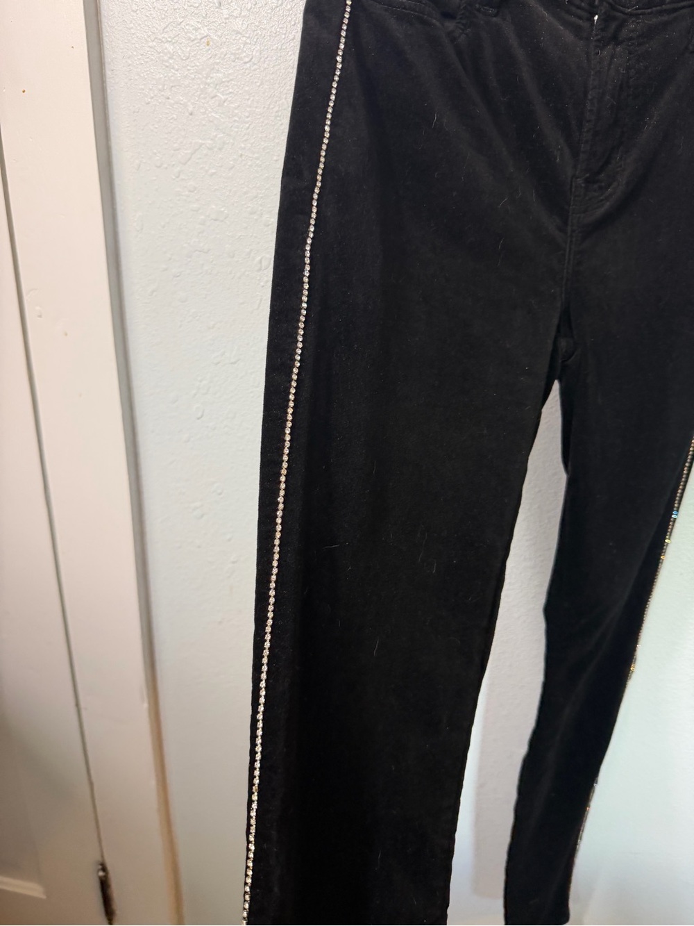 J Brand Maria Black Skinny Velvet Pants with Rhinestone Side Trim